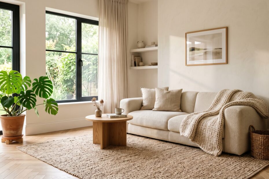 Interior ruang tamu minimalis hangat dengan tanaman indoor dan sofa kain 1