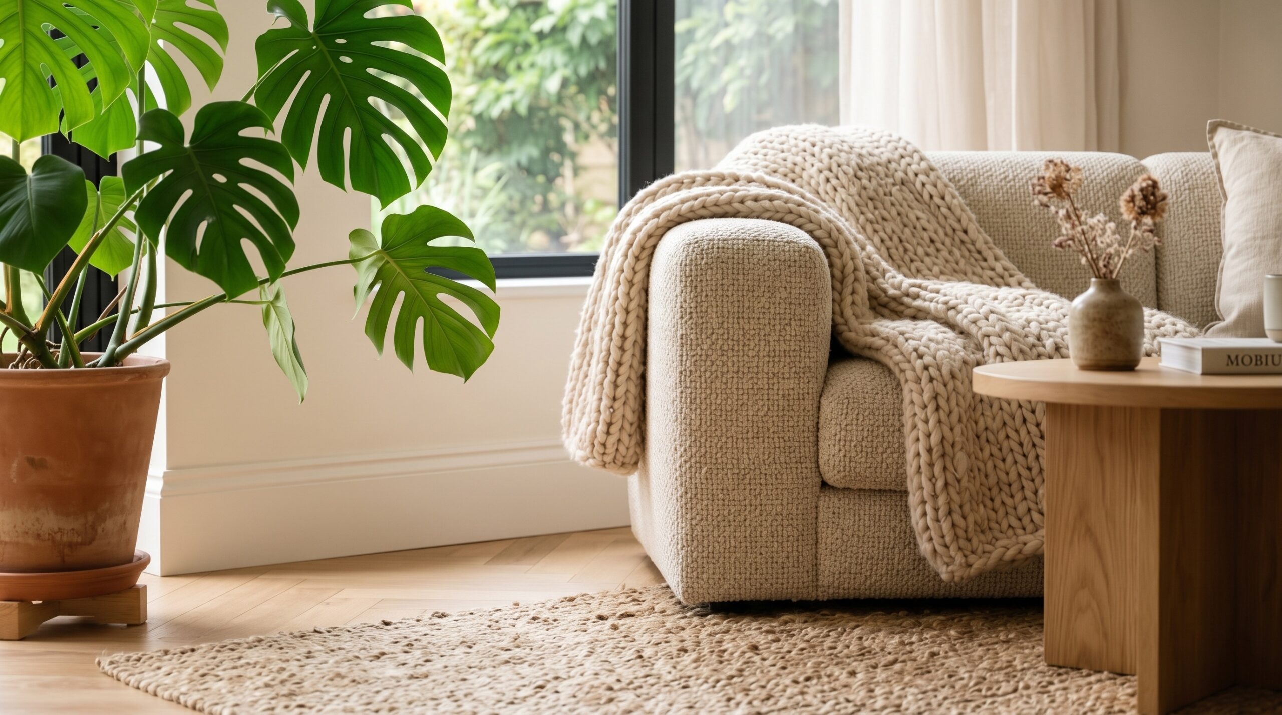 Interior ruang tamu minimalis hangat dengan tanaman indoor dan sofa kain 2